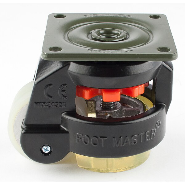 Leveling Caster, 50 mm Polyurethane Wheel, 73x73 mm Plate, Swivel, 280 kg Cap, PU Foot Pad, Black